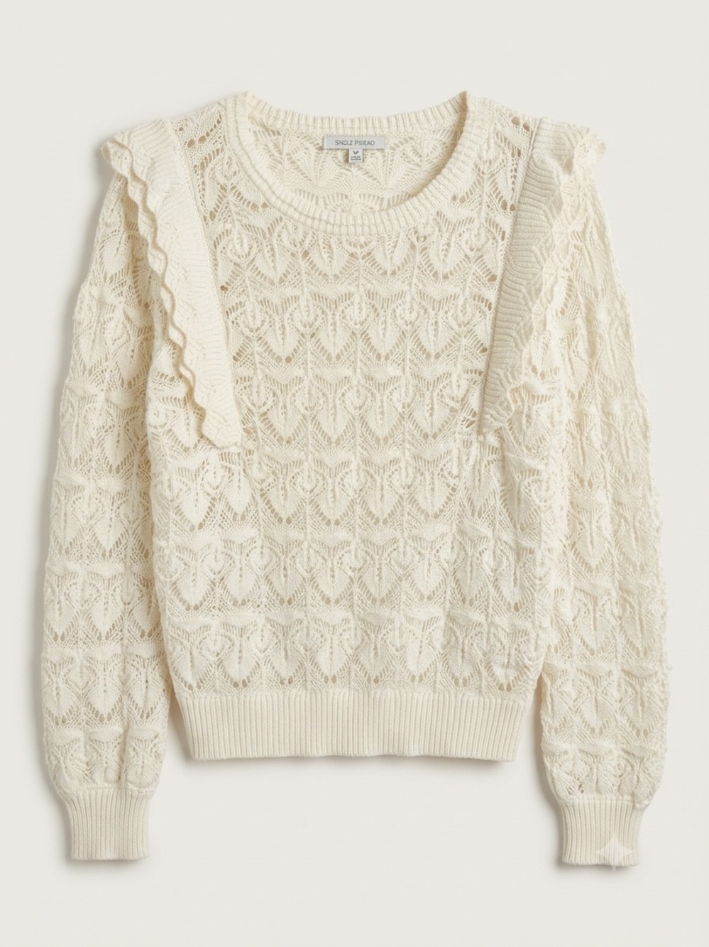 Women's Cream Lace-Knit Ruffle-Trim Crew Sweater